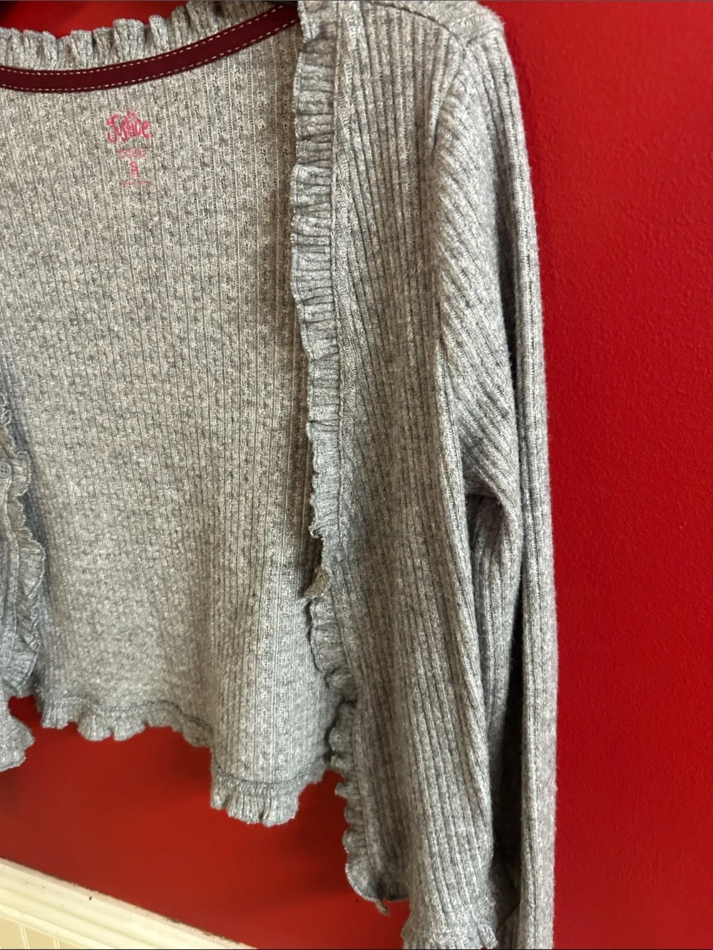 Justice Gray Ribbed Ruffle-Trim Sweater cardigan sz 7-8